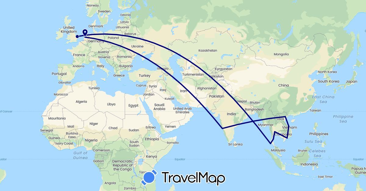 TravelMap itinerary: driving in United Kingdom, India, Netherlands, Thailand, Vietnam (Asia, Europe)